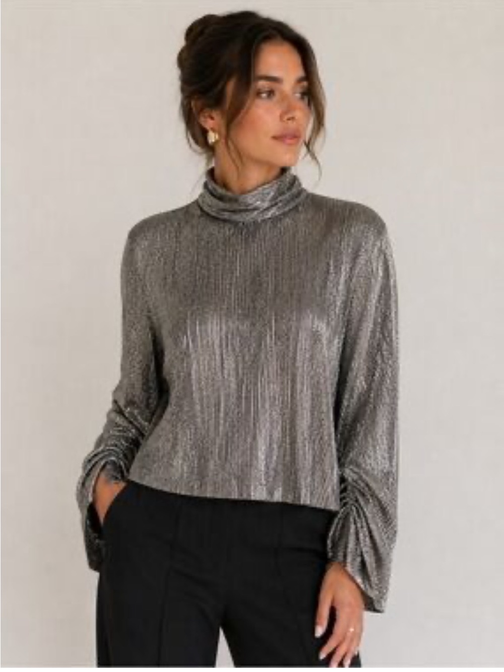 Zara Silver Wide‎ Sleeve Turtleneck Blouse Size Small